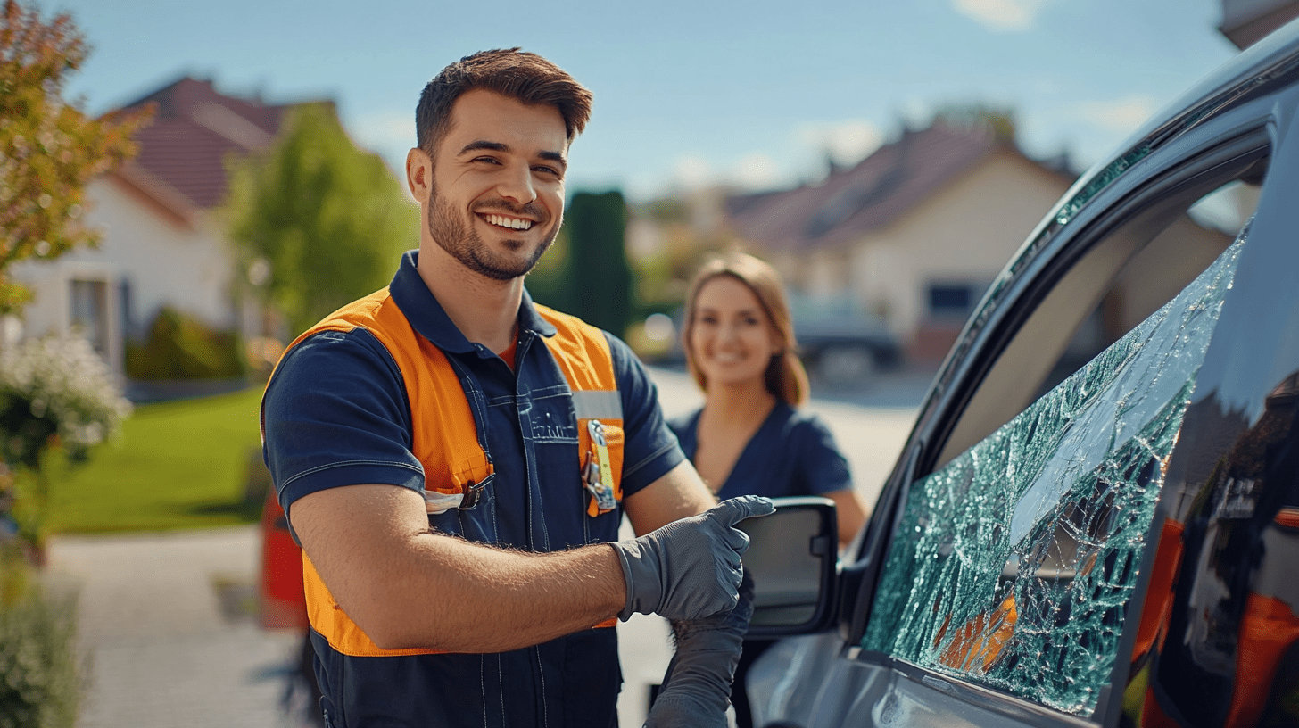 Windscreen repair technician with customer